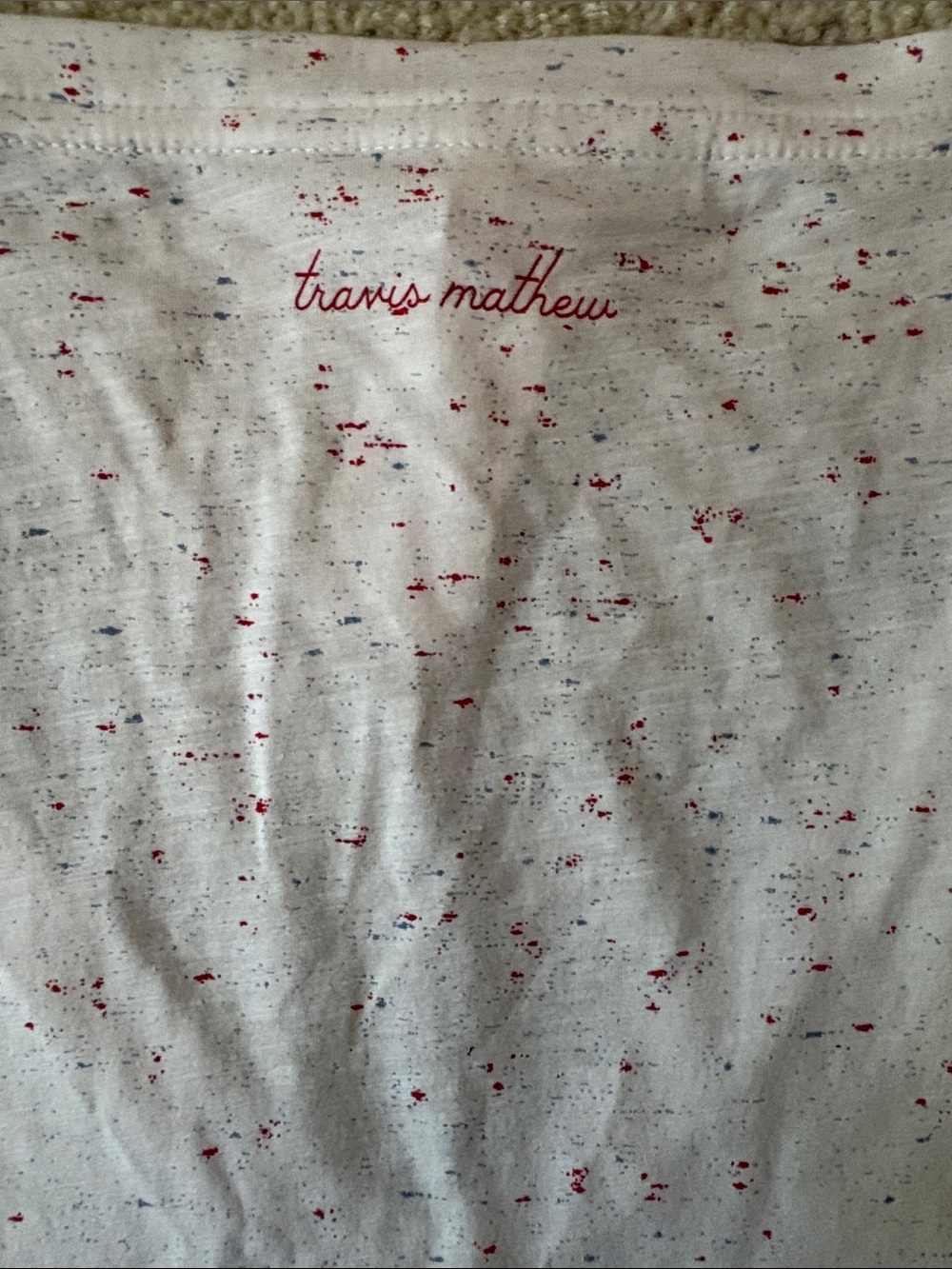 Travis Mathew White V-Neck Tee with Red and Blue Speckles, NWT, L